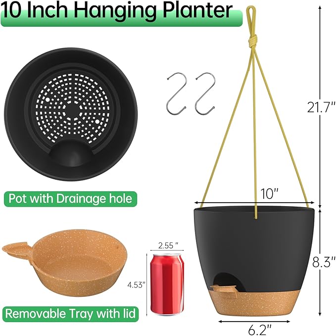 ZMTECH 10 Inch Hanging Planters for Indoor Outdoor Plants, 2 Pack Self Watering Hanging Plant Pots with Drainage Holes and Removable Saucer, Plastic Flower Hanging Pots with Watering Lip (Black)-Ruum Studio Home