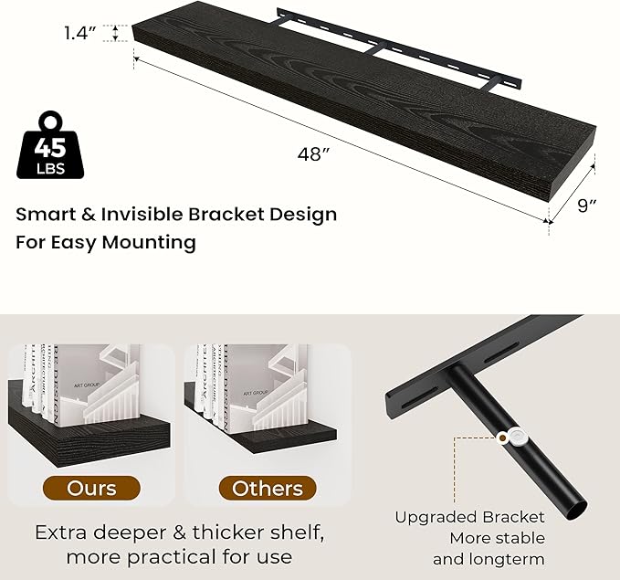 48 inch Floating Shelves for Wall Large Wall Mounted Shelves with Invisible Brackets, Black Long Shelves for Bathroom, Living Room, Kitchen, Office, 48x9.1 inch deep Set of 2-Ruum Studio Home