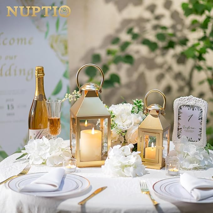 NUPTIO Gold Lanterns Decorative Indoor: 8.6 Inch Tall Metal Lantern with Glass for Pillar Candle - Fireplace Decor for Christmas Home Living Room Mantle Porch Wedding-Ruum Studio Home