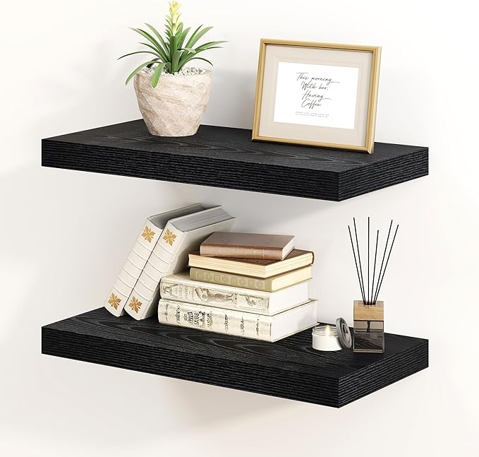 Fun Memories Black Floating Shelves 16 Inch Long, 8 Deep Floating Shelf Wall Mounted, 16 x 8 Inch Wooden Bathroom Shelves, Deep Storage Shelves for Living Room, Kitchen, Set of 2-Ruum Studio Home