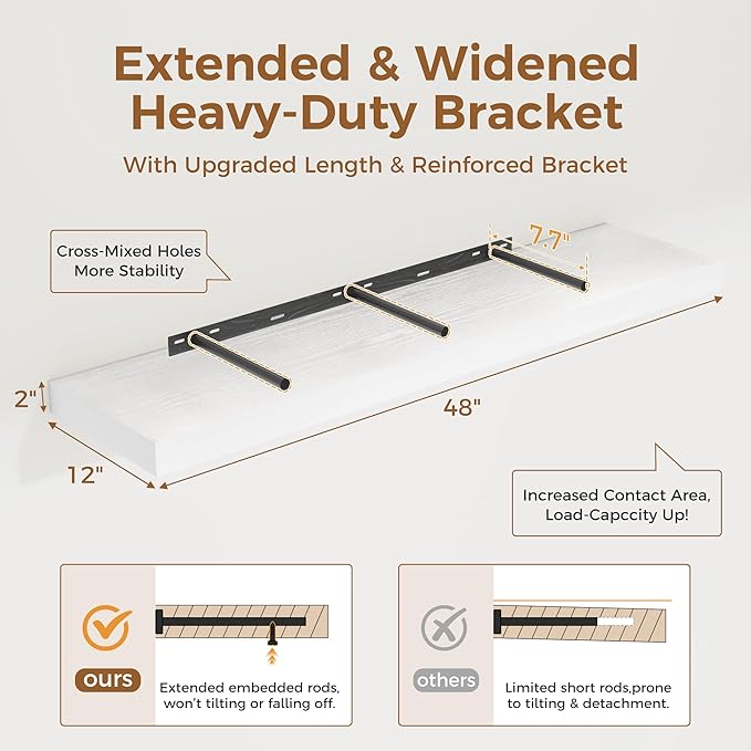 White Floating Shelves 48 Inch Long, 12 Inch Deep Floating Shelves for Wall, 48 x 12 Large Wall Shelves for Home Storage & Display, 2" Thicked Floating Shelf for Bedroom, Living Room, 1 Pack-Ruum Studio Home