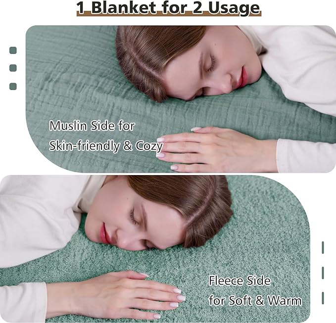 EMME Muslin and Fleece Throw Blanket Reversible - 50"*60" Teal Soft Warm Throw Blankets for Couch Bed Picnic Travel Bed-Ruum Studio Home