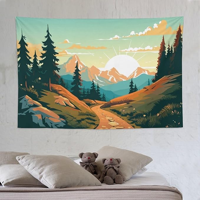 HZOHNAGO Mountain Tapestry Forest Mountain Sunrise Road Pattern Printed Wall Tapestry Wall Hanging for Bedroom Living Room Dorm 90" W x 60" H-Ruum Studio Home