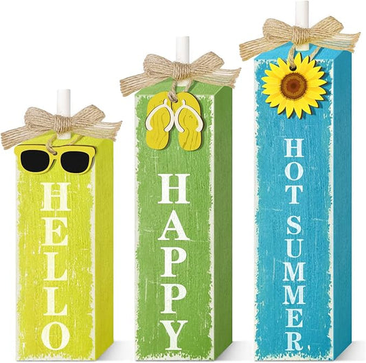 3 PCs Wooden Tiered Tray Decor Hello Happy Hot Summer Rustic Table Decor Block Signs for Beach Island Home Office Decorations (Summer-1)-Ruum Studio Home