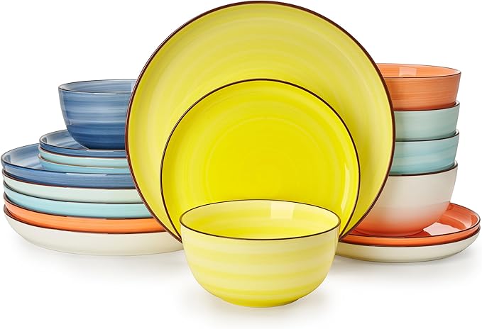 Sweese Plates and Bowls Sets, 18 Piece Dinnerware Set Porcelain Round Dinner Set for 6, Scratch Resistant Dishes Set, Dishwasher Oven Microwave Safe Handpainted Swirl Dishware Sets, Assorted Colors-Ruum Studio Home