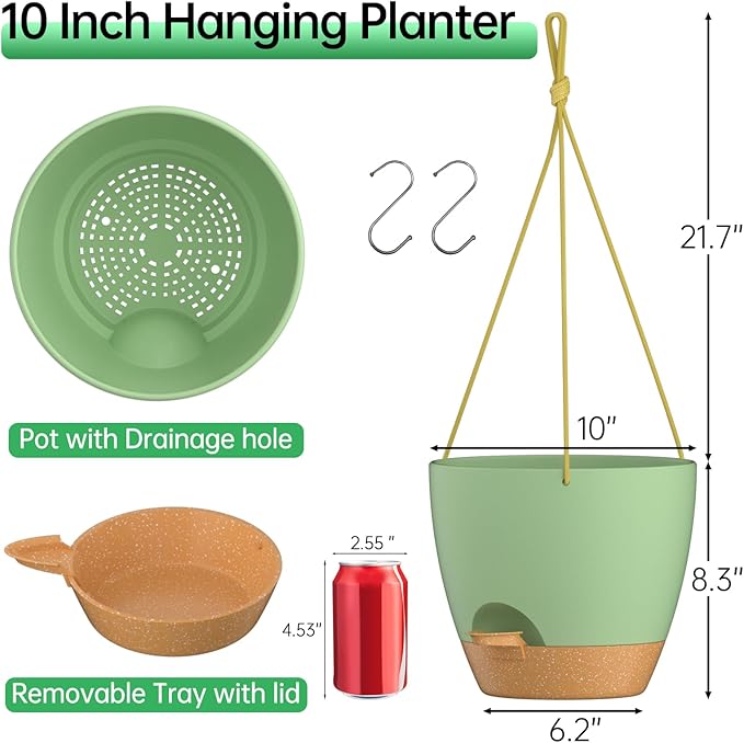 ZMTECH 10 Inch Hanging Planters for Indoor Outdoor Plants, 2 Pack Self Watering Hanging Plant Pots with Drainage Holes and Removable Saucer, Plastic Flower Hanging Pots with Watering Lip (Green)-Ruum Studio Home