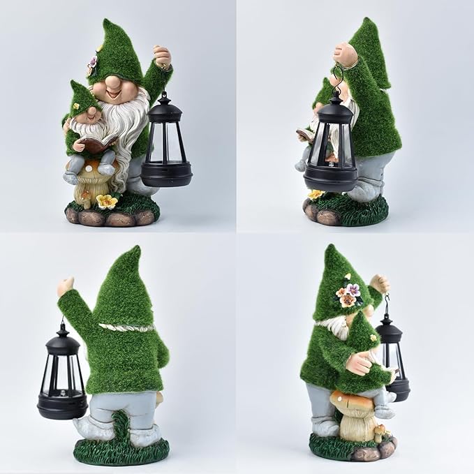Solar Garden Gnome Statue Flocked Reading Parent & Child Gnomes with LED Light, Outdoor Waterproof Lawn Ornament Decor for Patio Lawn Yard Pathway Gift Idea for Women Mom Mothers Day-Ruum Studio Home