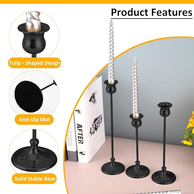 Taper Candle Holder Tall Vintage Metal Candlestick Holders Candle Stick Candelabra for Halloween Thanksgiving Christmas Holiday Wedding (Matt Black, 1 Set (3 pcs))-Ruum Studio Home