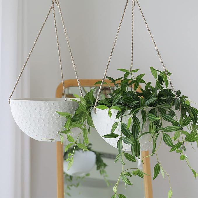 LA JOLIE MUSE 10 Inch Hanging Planters for Indoor Plants, Outdoor Garden Planter Pots, White, Honeycomb, Set of 2-Ruum Studio Home