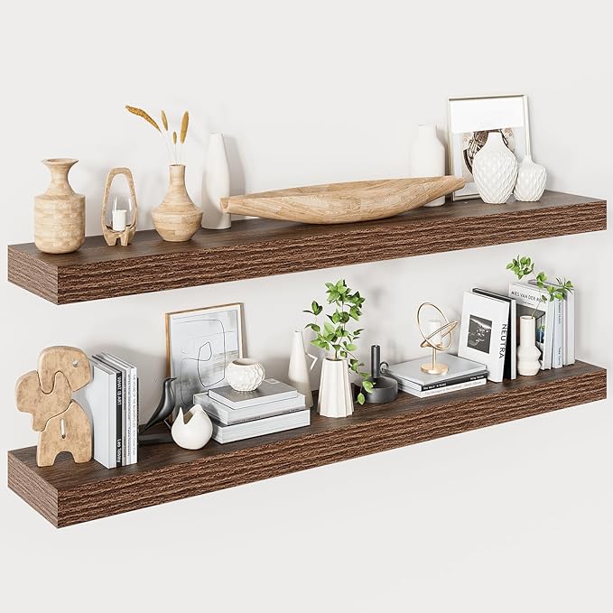 Heimlove Floating Shelves for Wall 48 Inches Long,9.3" Deep Walnut Floating Shelf Set of 2,Wall Mounted Wood Shelves for Bathroom Bedroom Living Room Kitchen Office,Shelf for Books Storage Room Decor-Ruum Studio Home