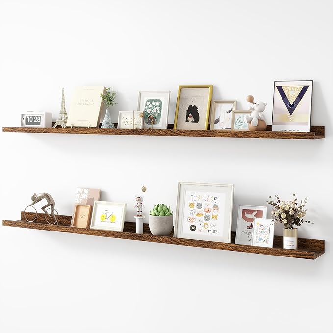 Picture Ledge Shelf, Wood Long Floating Shelves for Wall, Set of 2, 56 inch Picture Ledge Shelves, Photo Ledge Nursery Book Shelves Wall Mounted for Living Room Kids' Room Bedroom, Color Brown-Ruum Studio Home