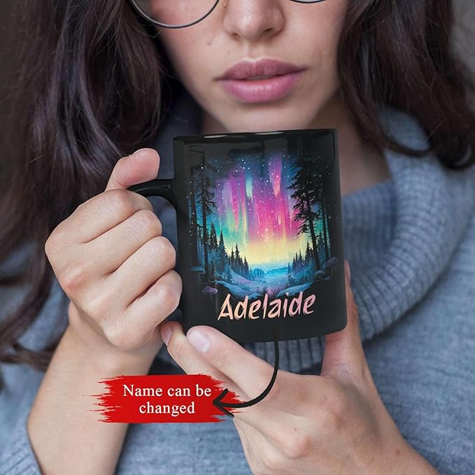 Personalized Winter Landscape Coffee Mug, Custom Northern Lights Ceramic Cup, Enchanted Forest With Vibrant Sky Mug, Custom Choose Name Black Mug 11oz 15oz, Gift For Nature Lovers-Ruum Studio Home