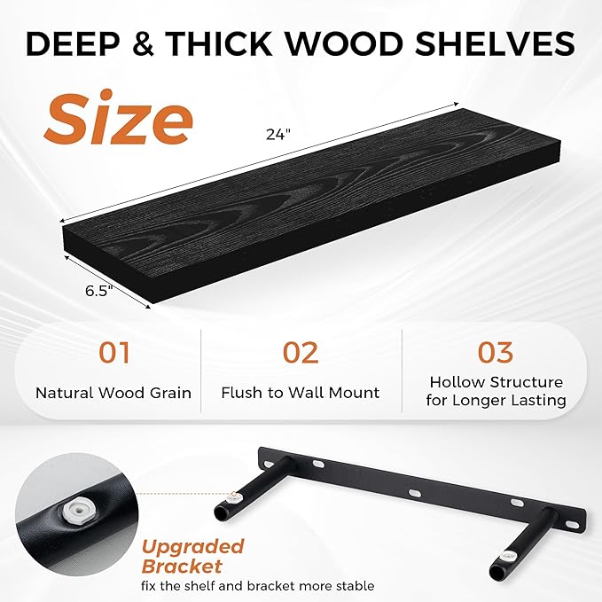 Fun Memories Floating Shelves for Wall, 24" Rustic Wood Deep Wall Mounted Shelves with Invisible Brackets for Decor & Storage, Floating Shelf for Living Room, Bathroom (Black, Set of 2)-Ruum Studio Home