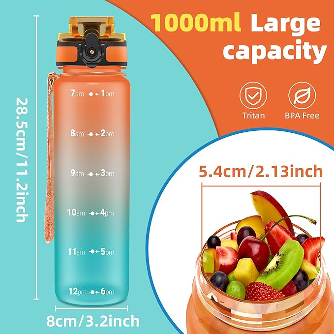 OLDLEY 32 oz Water Bottle, Motivational Water Bottle with Time Marker, Sports Water Bottle With Strap, Leakproof & BPA Free Large Water Bottles for School, Gym, Travel, Outdoor, Tritan,Orange&Green-Ruum Studio Home