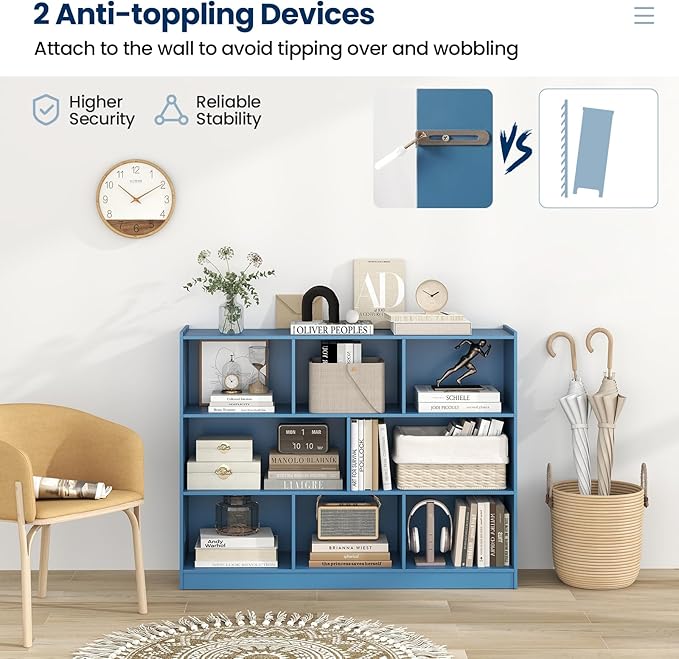 Tangkula 8-Cube Bookcase, Wood 3 Tier Open Storage Bookshelf, Modern Multipurpose Display Cabinet for Living Room, Study, Reading Nook, 48 x 12.5 x 36.5 Inch (Bright Blue)-Ruum Studio Home