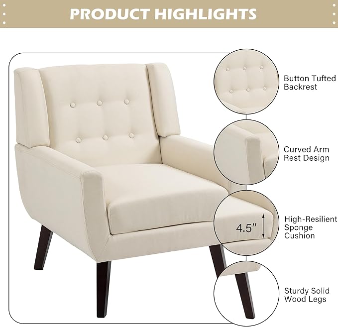UIXE Accent Chair, Modern Upholstered Armchair in Fabric for Living Room, Comfy Club Arm Chairs Single Sofa Button Tufted Bedroom Reading Seat - White, Set of 1-Ruum Studio Home