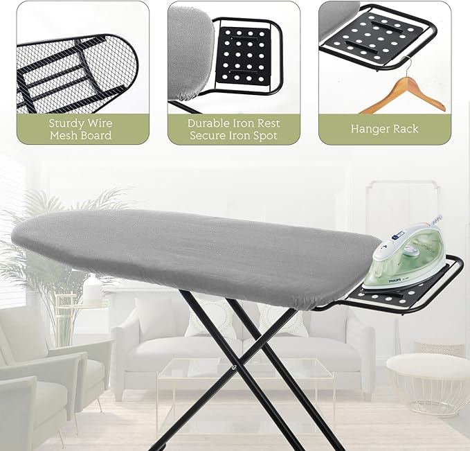 Ironing Board Full Size, RAINHOL 43"x13" Heavy Duty Compact Ironing Board with Iron Rest, Height Adjustable Sturdy Iron Stand, Grey Cover with Extra Thick Padding-Ruum Studio Home