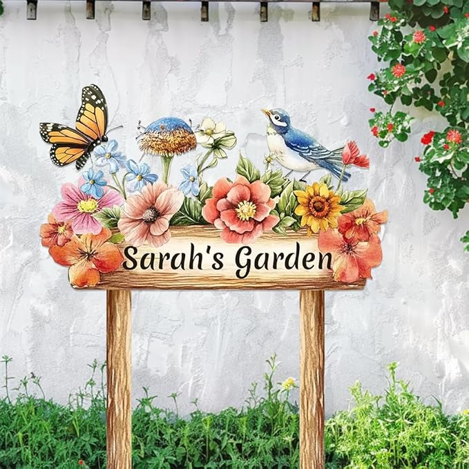 Personalized Colorful Bird Metal Sign with Stake,Custom Gardener Last Name Signs Outdoor Decorate,Customized Garden Accessories Decor for Mom,Butterfly Flowers Plaques for Patio Lawn Porch Backyard-Ruum Studio Home