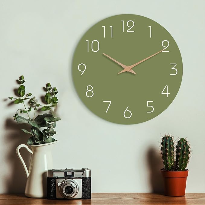 Mosewa Modern Wall Clock Silent Non-Ticking 14 Inch Olive Green Battery Operated Simple Minimalist for Living Room Office Bedrooms Kitchen Home Decor-Ruum Studio Home