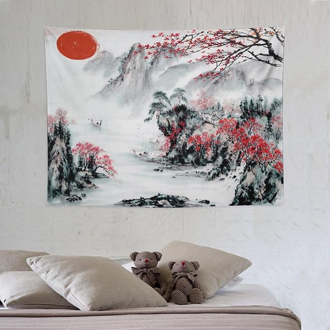 Cherry Blossoms Tapestry, Japanese Red Landscape Asian Watercolor Abstract Art, Bedroom Living Room Decor 40"x30"-Ruum Studio Home