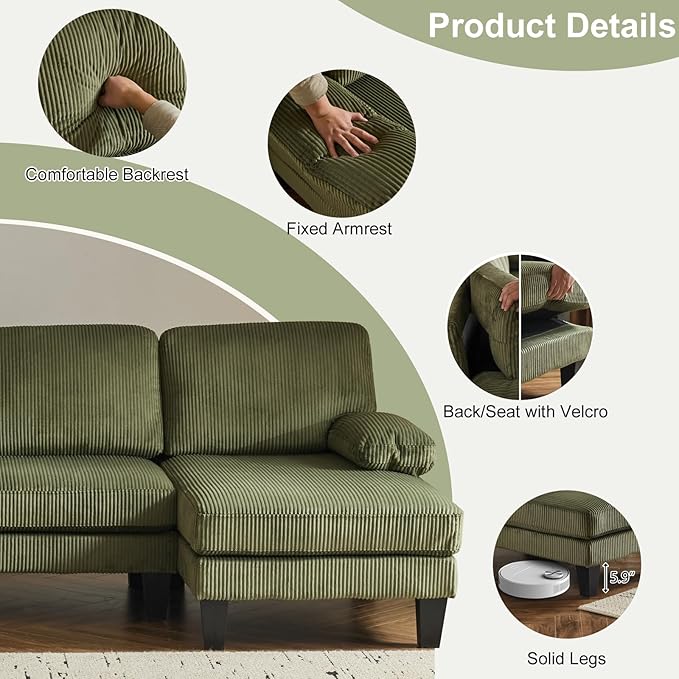 Karl home U-Shape Sectional Sofa Couch 111" Modern 4-Seat Sofa with Chaises Corduroy Fabric Upholstered Covertible Couch with Wood Grain Legs for Living Room, Reception Room, Apartment, Green-Ruum Studio Home