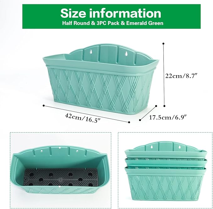Sungmor 3 Pack Wall Hanging Planters, 16.5 Inch Railing Fence Hanging Flower Pots, Thickened Plastic Water Storage Plant Pot, Indoor Outdoor Garden Balcony Decor, Light Green Large Plant Basket-Ruum Studio Home