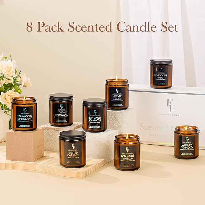 Scented Candles Set, Soy Wax Candles 8 Pack 56 Oz Aromatherapy Candles Gift Set for Women Men （Vanilla/Sandalwood/Amber/Mahogany/Vetiver/Bergamot/Caramel/Whiskey）-Ruum Studio Home