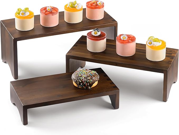 Acacia Wooden 3 Tier Cupcake Stand - Risers for Display for Food Buffet Risers and Stands – Food Stands for Display Party – Acacia Wooden Cupcake Stand - Set of 3 Size (Walnut Color)-Ruum Studio Home