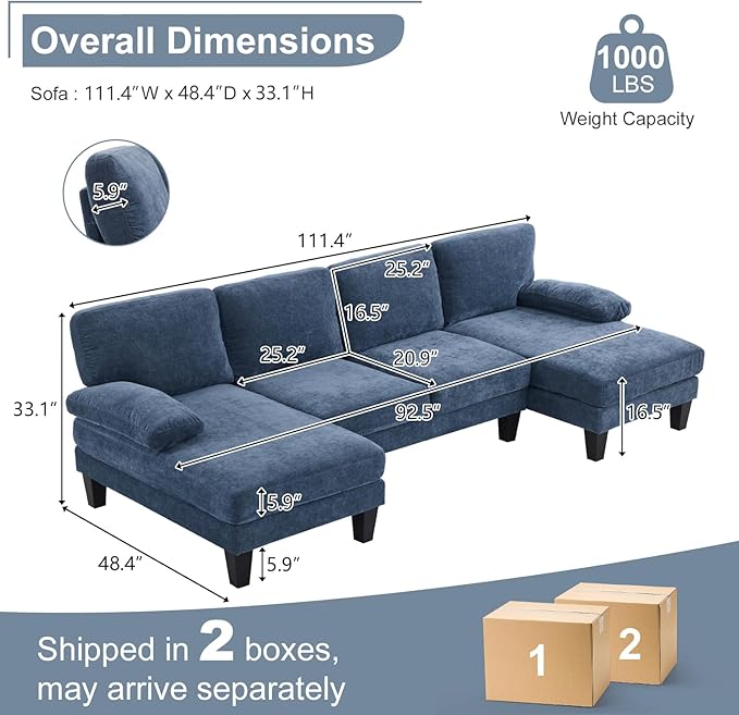 Karl home U-Shape Sectional Sofa Couch 111" Modern 4-Seat Sofa with Chaises Chenille Fabric Upholstered Covertible Couch with Wood Grain Legs for Living Room, Reception Room, Apartment, Navy Blue-Ruum Studio Home