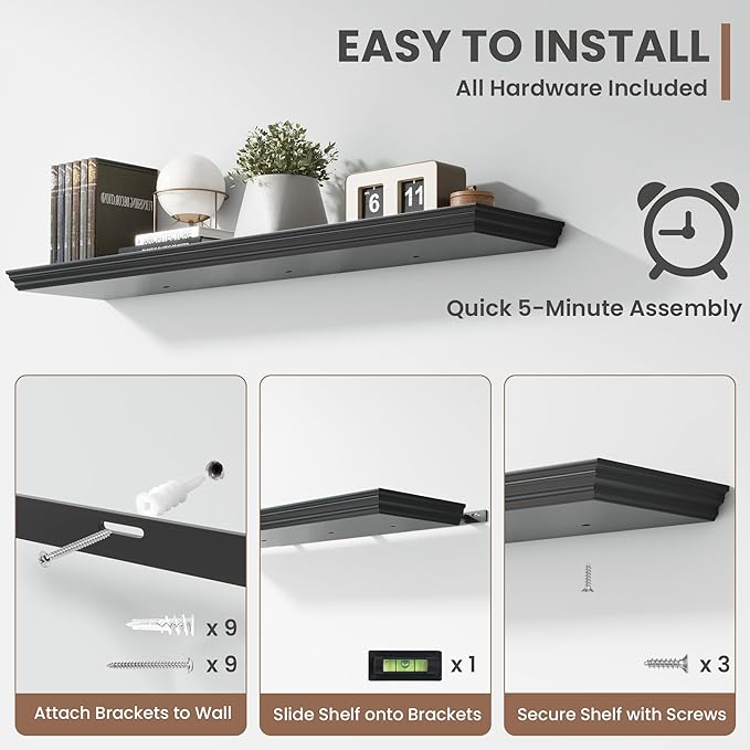 Floating Shelves for Wall, 48 Inch Long Wall Mounted Black Hanging Shelf for Kitchen, Living Room, Office, Bedroom, Bathroom, Retro Vintage Wood Bookshelf for House Decor-Ruum Studio Home