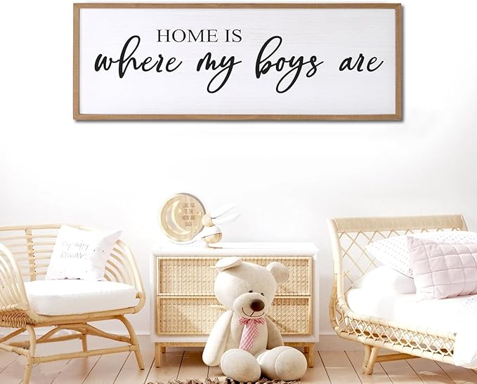 Home is Where My Boys are Sign Framed Wall Art, 32''×12'' Rustic Horizontal My Son Plaque with Natural Frame for Baby Kid Boy Son Teen Toddlers Room, Horizontal Mom of Boys Gifts Nursery Decor-Ruum Studio Home