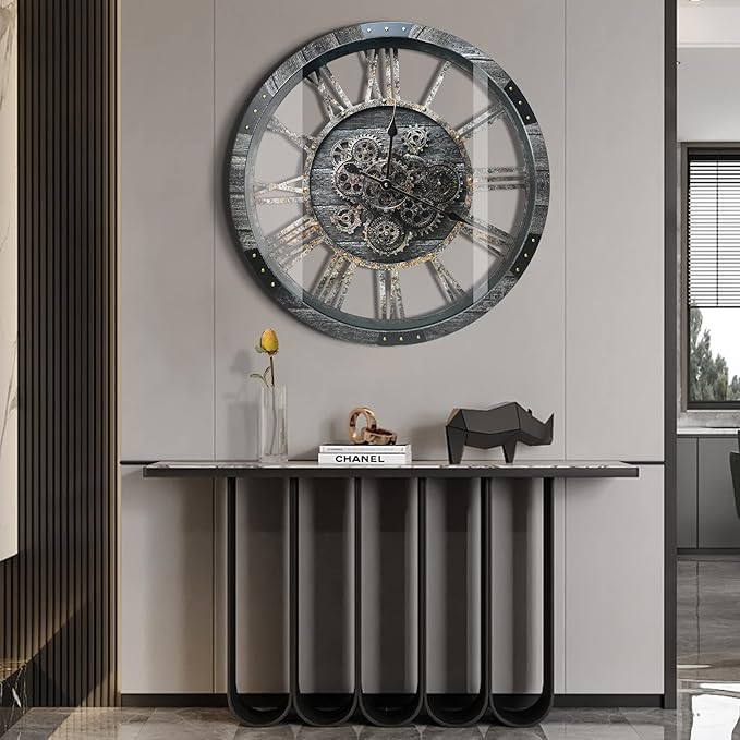 DORBOKER 27" Real Moving Gears Large Wall Clock with Toughened Glass Cover, Giant Wood Farmhouse Clock, Oversized Vintage Industrial Rustic Clock for Living Room Decor Home Kitchen (Carbon Grey)-Ruum Studio Home