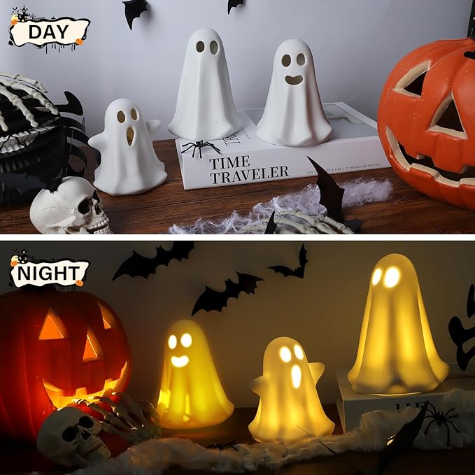 [Timer] Light Up Ghost Halloween Decor, 3 Pcs Ceramic Halloween Ghost Decorations Indoor, Cute White Ghost Figurines Statue for Indoor Decor Home Table (A)-Ruum Studio Home