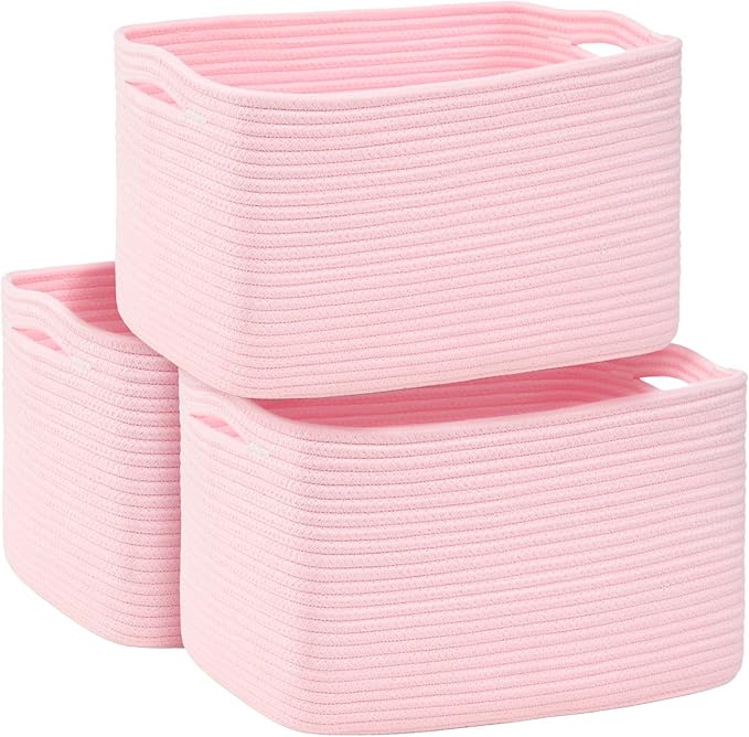 3-Pack Shelf Baskets for Organizing, Woven Storage Basket for Shelves, Cotton Rope Storage Bins for Toys Books, Nursery Towel Baskets for Classroom, 14.96"X9.8"X8.85", Pink-Ruum Studio Home