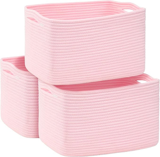 3-Pack Shelf Baskets for Organizing, Woven Storage Basket for Shelves, Cotton Rope Storage Bins for Toys Books, Nursery Towel Baskets for Classroom, 14.96"X9.8"X8.85", Pink-Ruum Studio Home