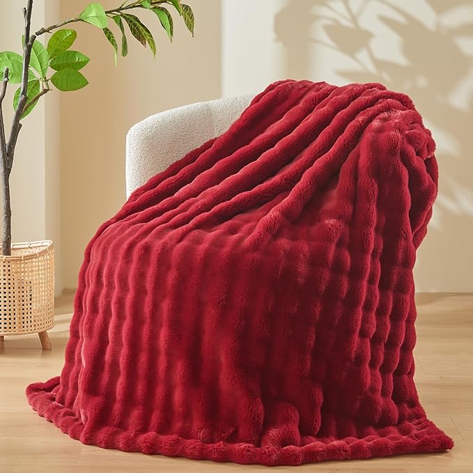 NEWCOSPLAY Faux Fur Throw Blanket Red Bubble Blanket Thick Warm Soft for Couch Sofa Bed 550GSM (Red, Throw(50"x60"))-Ruum Studio Home