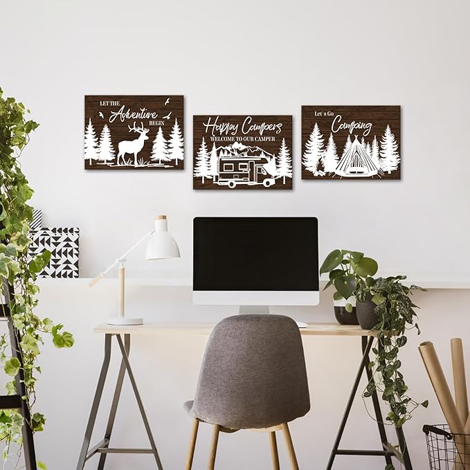 HOMEOART Camper Decor RV Wall Art Happy Campers Adventure Camping Wall Decor Sign, Deer in Forest Farmhouse Cabin Decoration,Framed 12x16inchx3Piece, Rustic Brown-Ruum Studio Home