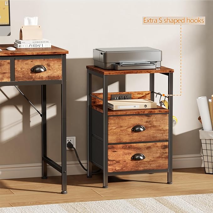 Furologee Nightstand Set of 2, Rustic Brown, with Charging Station and USB Ports, Side Tables with 2 Fabric Drawers, Bedside Tables with Storage Shelf & Hooks, for Living Room/Bedroom-Ruum Studio Home
