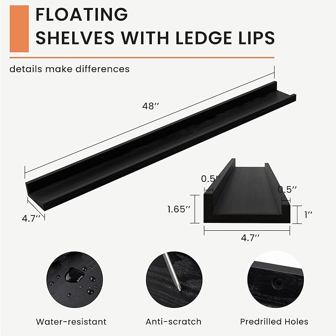 Solid Ash Wood Floating Shelves, Wood Picture Ledge Shelf Set of 2, 48 Inch Long Large Photo Ledge Shelves, Nursery Book Shelves Wall Mounted for Living Room Kids' Bedroom Decor, Black-Ruum Studio Home