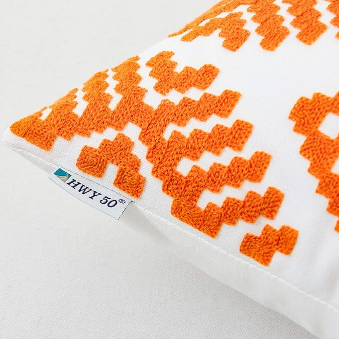 HWY 50 Orange Decorative Throw Pillow Covers 18x18 Inch, Pack of 2 Embroidered Cotton Farmhouse Cushion Cover Pillow Case for Sofa Couch Living Room Bed Bedroon, Modern Diamond Geometric-Ruum Studio Home