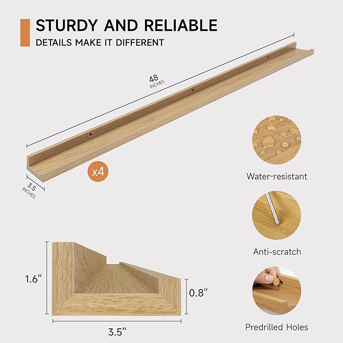 Picture Ledge Shelf for Wall, Floating Shelves Set of 4, 48 Inch Long Nursery Book Shelves for Toys Storage, Kids Bookshelf Wall Mounted for Books Photo Frames, Oak-Ruum Studio Home