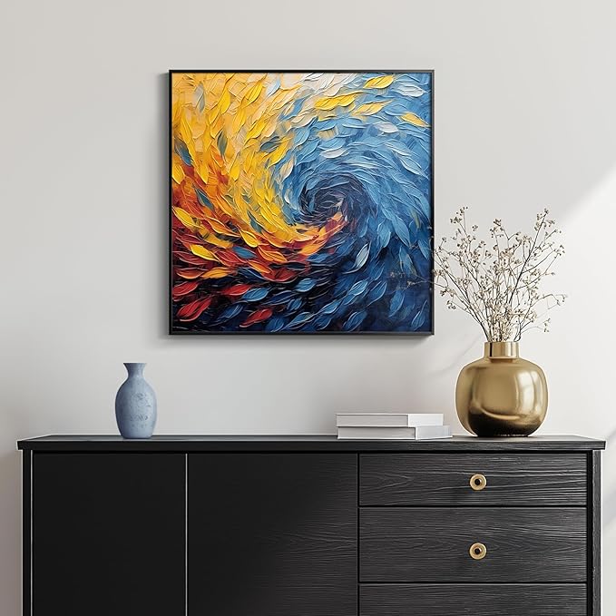 Framed Blue Modern Abstract Wall Art, Minimalist Large Canvas Paintings Artwork for Walls, Blue Yellow Art Prints Pictures for Living Room, Hallway, Bedroom, Office, Bathroom Wall Decor -24x24 Inch-Ruum Studio Home
