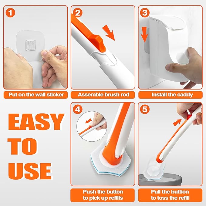 JEHONN Disposable Toilet Bowl Cleaner Wand with 40 Cleaner Refills, Wall Mounted Long Handle Compact Bathroom Scrub Brush Holder Set for Sink Bathtub Wash Basin Mop Pool (Orange)-Ruum Studio Home