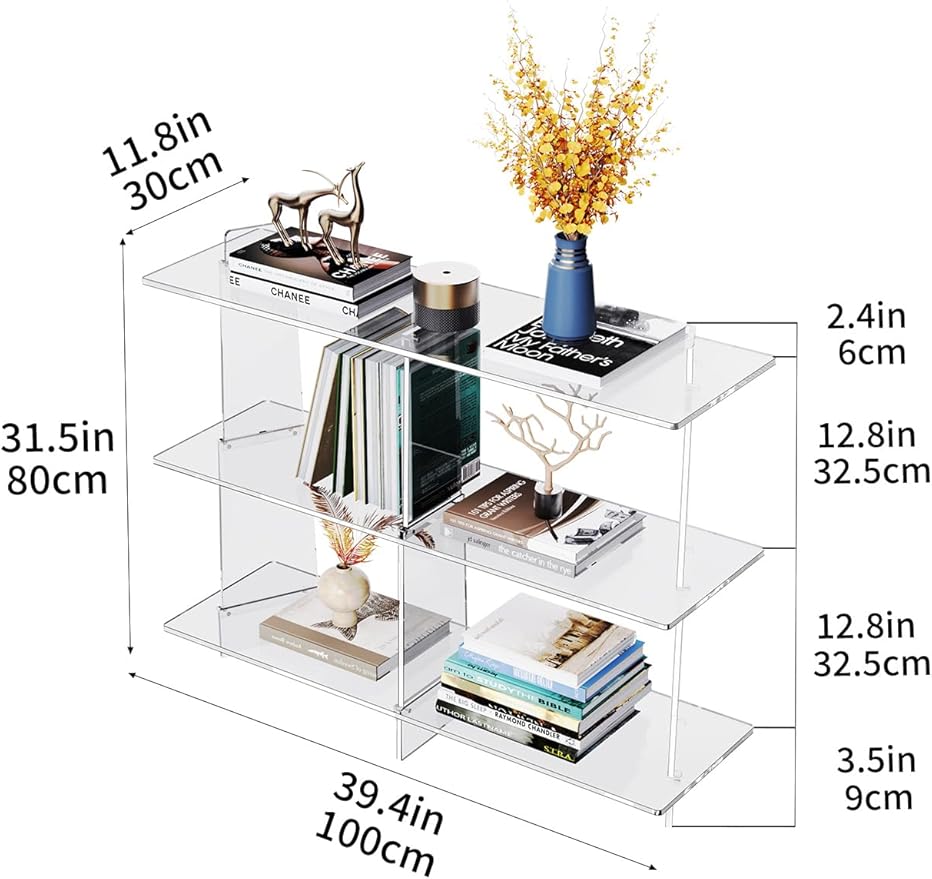 Acrylic Bookshelf, Small 3 Tier Open Bookcase for Small Spaces,Sofa Table, Hallway Entry Table for Home Living Room (Clear, 39.4'' x 11.8'' x 31.5'')-Ruum Studio Home