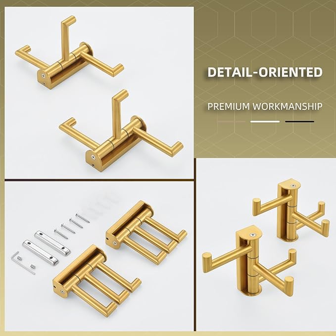 Angle Simple Towel Hooks Swivel, SUS 304 Stainless Steel 3 Arms Foldable Hand Towel Holder, Coat Hooks, Brushed Gold, 2 Pack-Ruum Studio Home