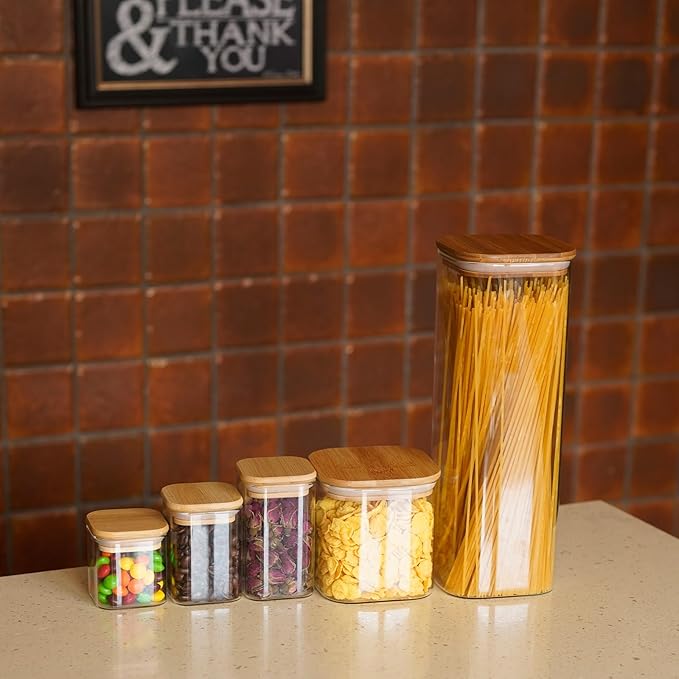 Glass Food Storage Jars Square 61oz, 3 Pack Glass Jars With Bamboo Lids, Kitchen Storage Containers For Spice, Candy, Cookie, Storage For Pantry Organizers-Ruum Studio Home