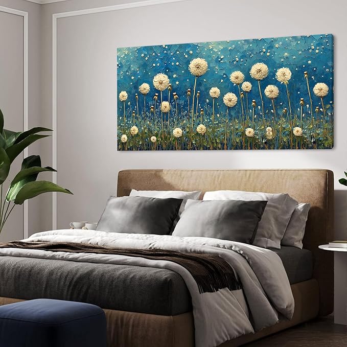 LASMOND Teal Dandelion Wall Art for Living Room Abstract Blowball Canvas Painting Prints Large Flower Floral Grassland Bedroom Decoration Modern Artwork Decor (46x23 Inches)-Ruum Studio Home