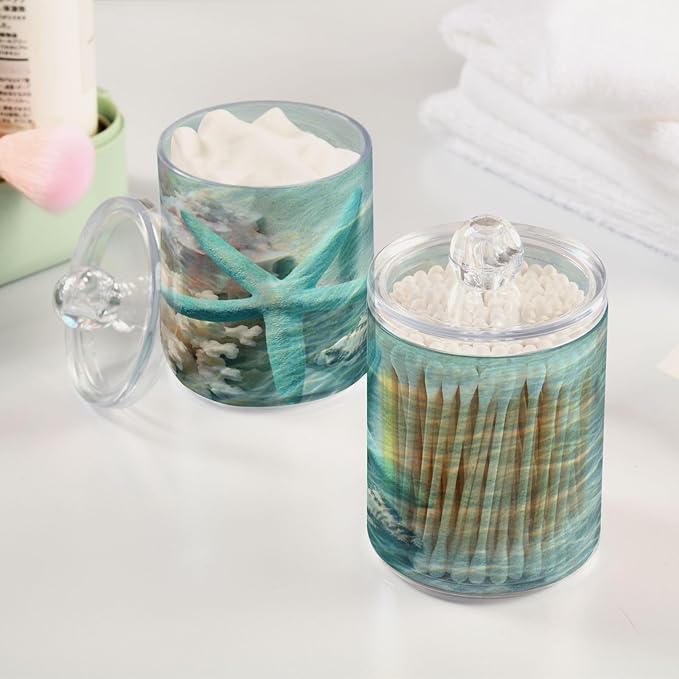 2 Pack Qtip Holder Organizer Dispenser Seashell Starfish Summer Beach Bathroom Storage Canister Cotton Ball Holder Container for Cotton Swabs/Pads/Floss-Ruum Studio Home