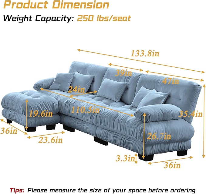 Modular Sectional Sofa, Comfy Cloud Couch 3 Seater Couch with Ottoman, Sectional Couches for Living Room, Modern Chenille L Shaped Couches, Sleeper Deep Seat Sofa with Throw Pillows, Blue-Ruum Studio Home
