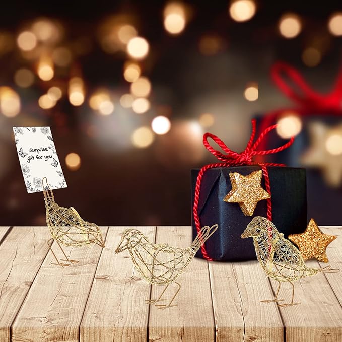 Artisan Handmade Gold-Wire Woven Bird Statues Trio Table Decor- Modern Farmhouse Shelf Decor with Hanging Chain, Multi-Pose Metal Bird Figurines for Home Office & Holiday Display-Ruum Studio Home